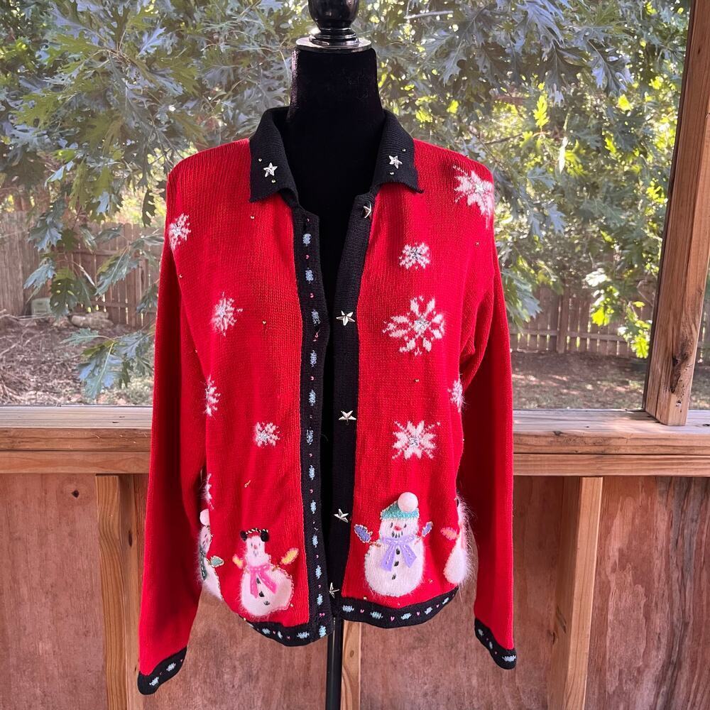 Karen Scott Women's Vintage Red Snowman Holiday Cardigan Sweater Size L